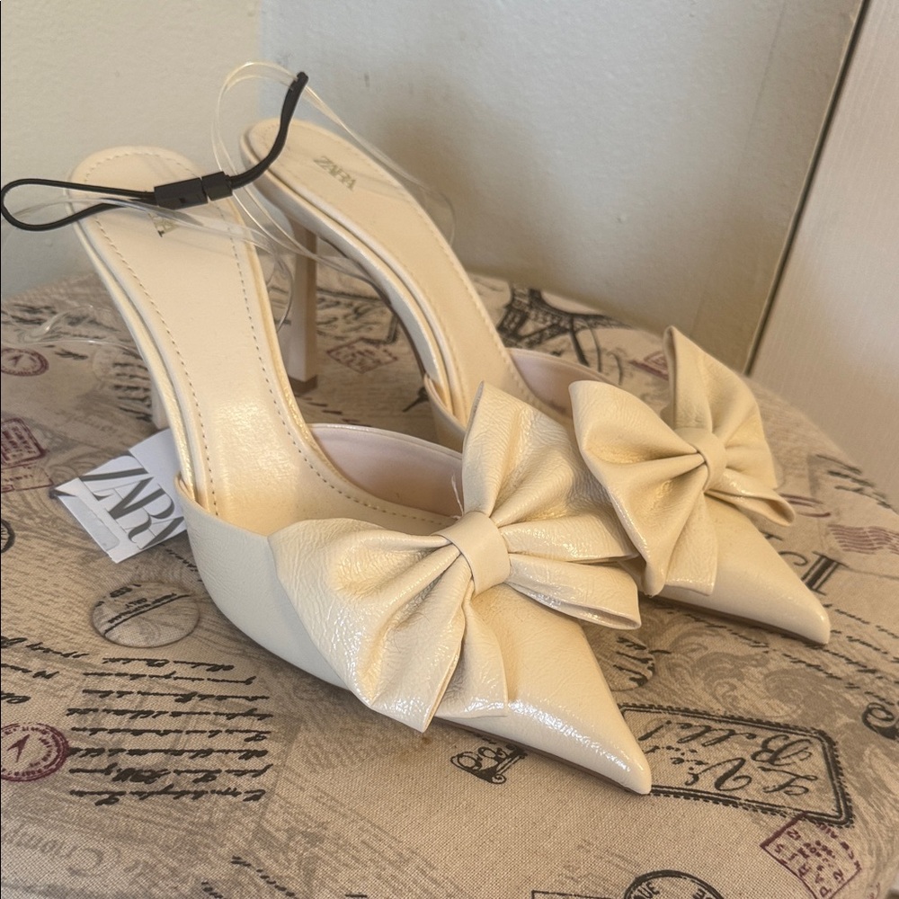 Zara Cream Bow Pointed Toe Slingback Heels